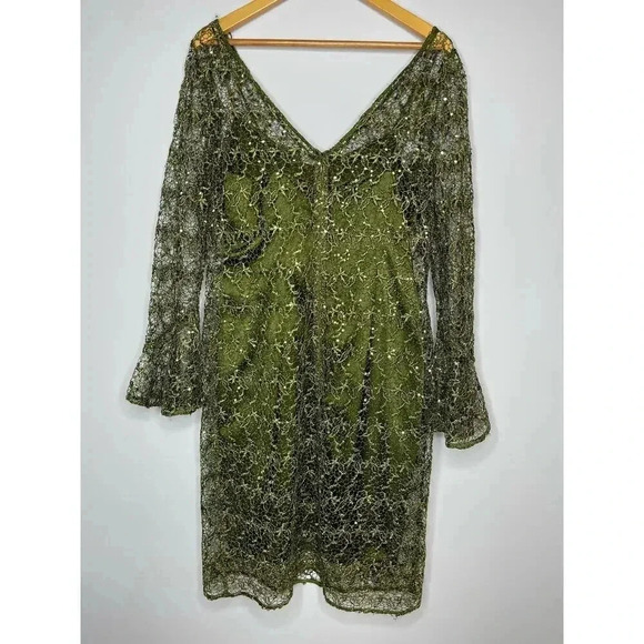 Kay Unger Olive Green sequined mini dress size 8 cocktail holiday - Picture 10 of 12